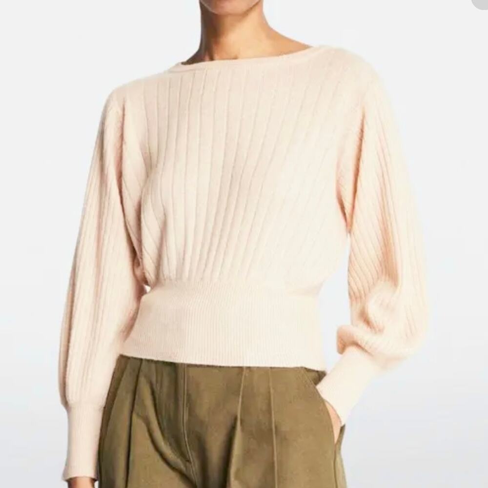 Crush Cashmere Prague Ivory Ribbed Cropped Balloon Sleeve Sweater 1 S